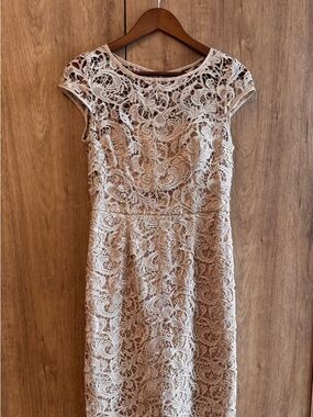 Adrianna Papell Womens Champagne Lace Sheath Cap-Sleeve Long Dress 6